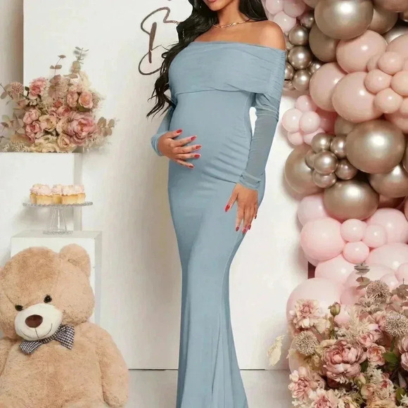 Baby Blue Elegant Women's Maternity Foldover Off Shoulder Mermaid Hem Dress - Picture 6 of 7
